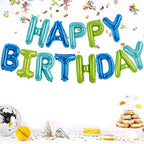 TONIFUL Blue Green 16-Inch Happy Birthday Banner – Mylar Foil Letter Balloons, Reusable Party Decor