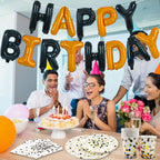 TONIFUL 16-Inch Black & Orange Happy Birthday Foil Letter Balloons Banner – Auto-Seal Mylar Letters for Parties