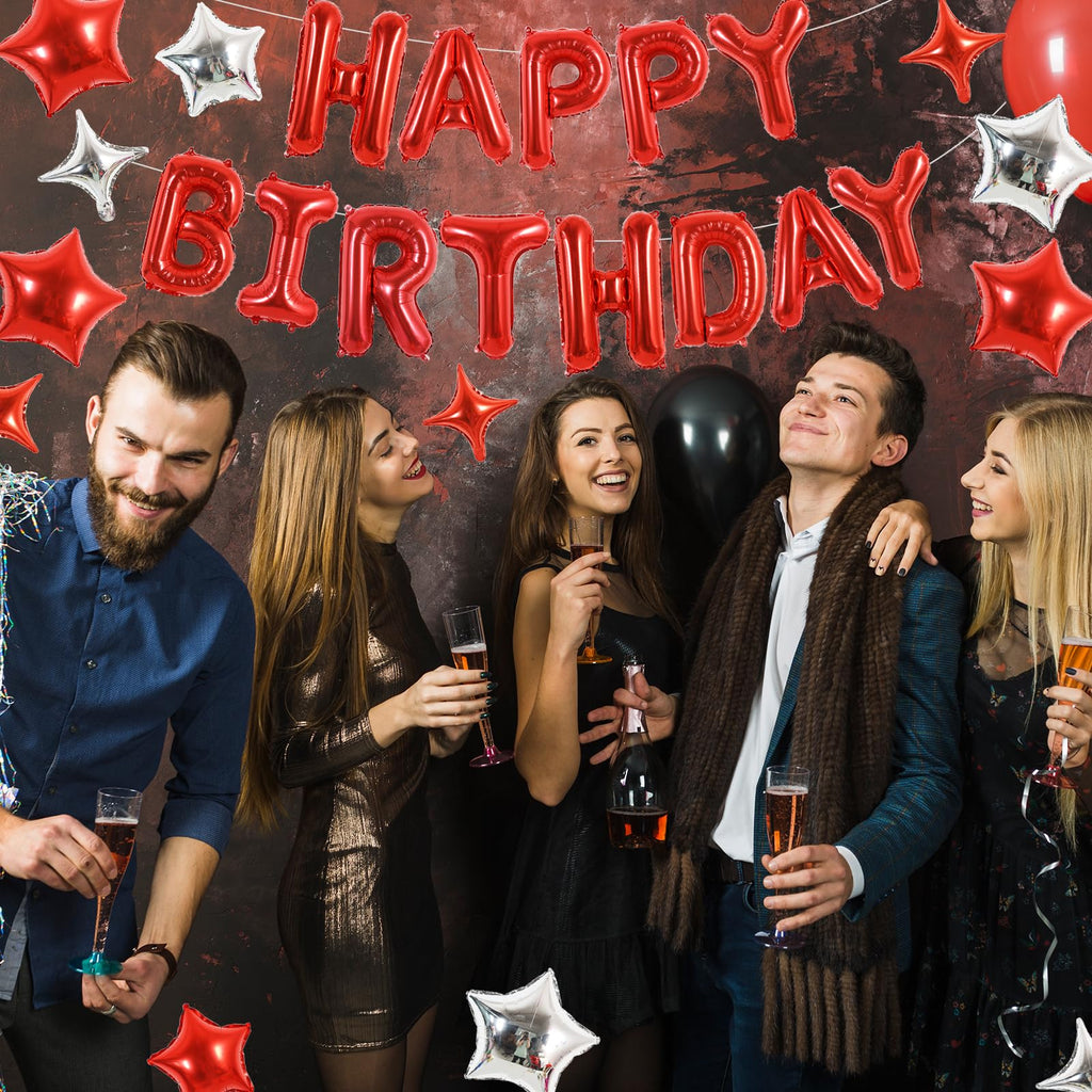 TONIFUL 35PCS Red Happy Birthday Decorations Kit — 16-Inch Balloon Banner + Star Balloons