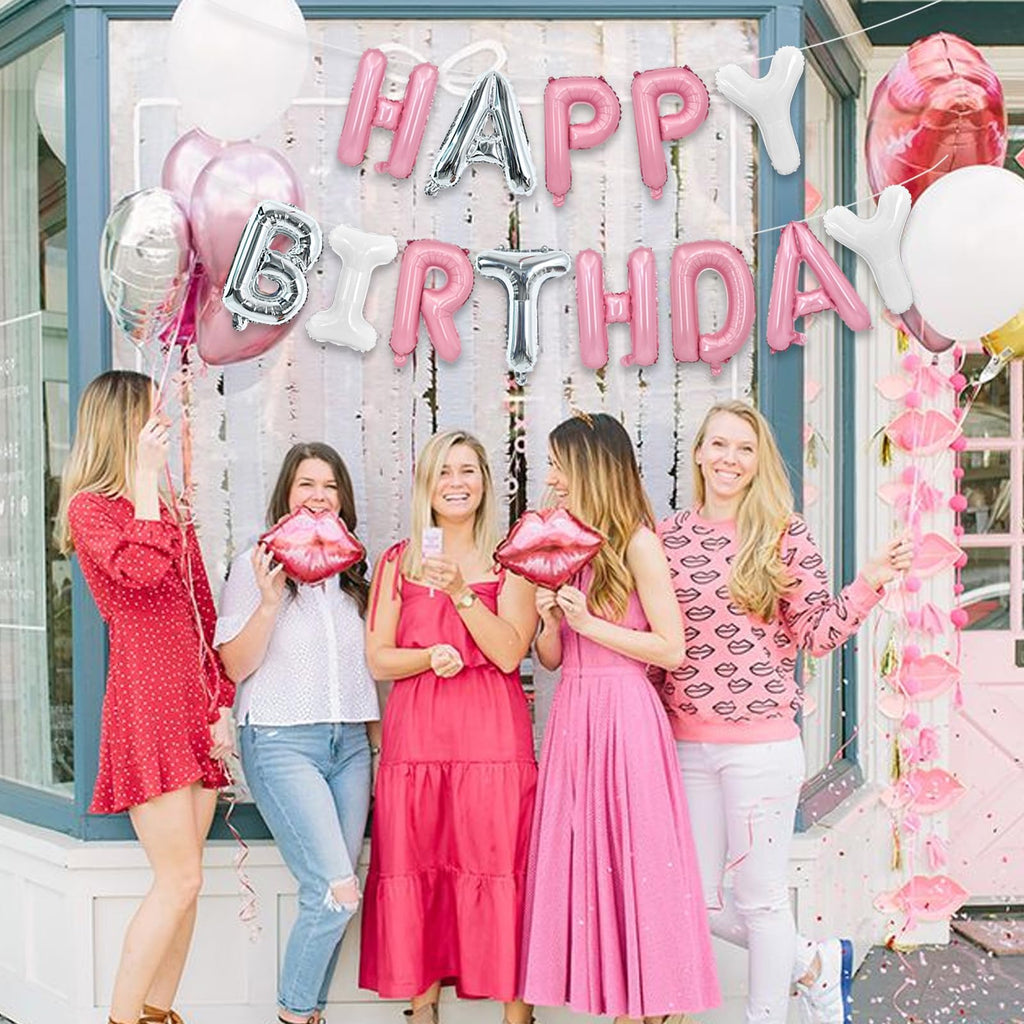 TONIFUL Happy Birthday Balloons Banner - 16-Inch Mylar Foil Letters, Reusable Birthday Party Decor (Pink/Silver/White)