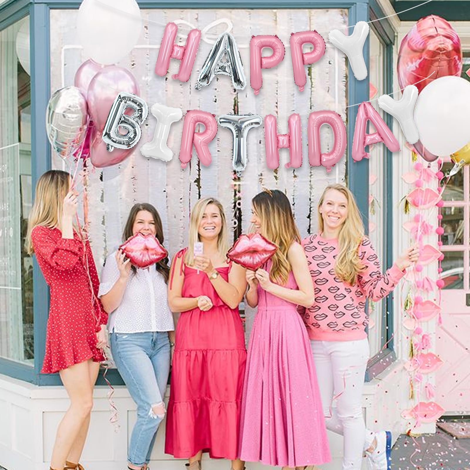 TONIFUL Happy Birthday Balloons Banner - 16-Inch Mylar Foil Letters, Reusable Birthday Party Decor (Pink/Silver/White)