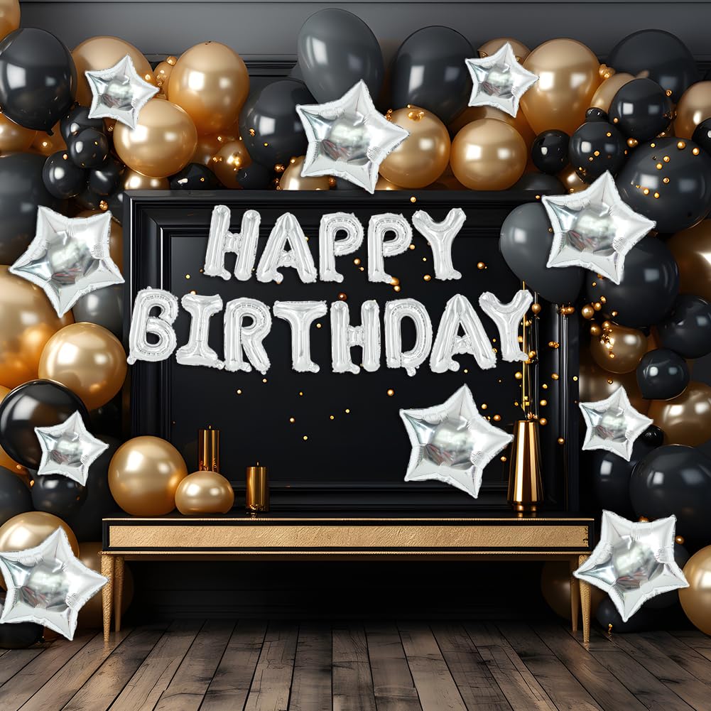 TONIFUL 35PCS Silver Happy Birthday Decorations — 16-Inch Banner + Star Balloons