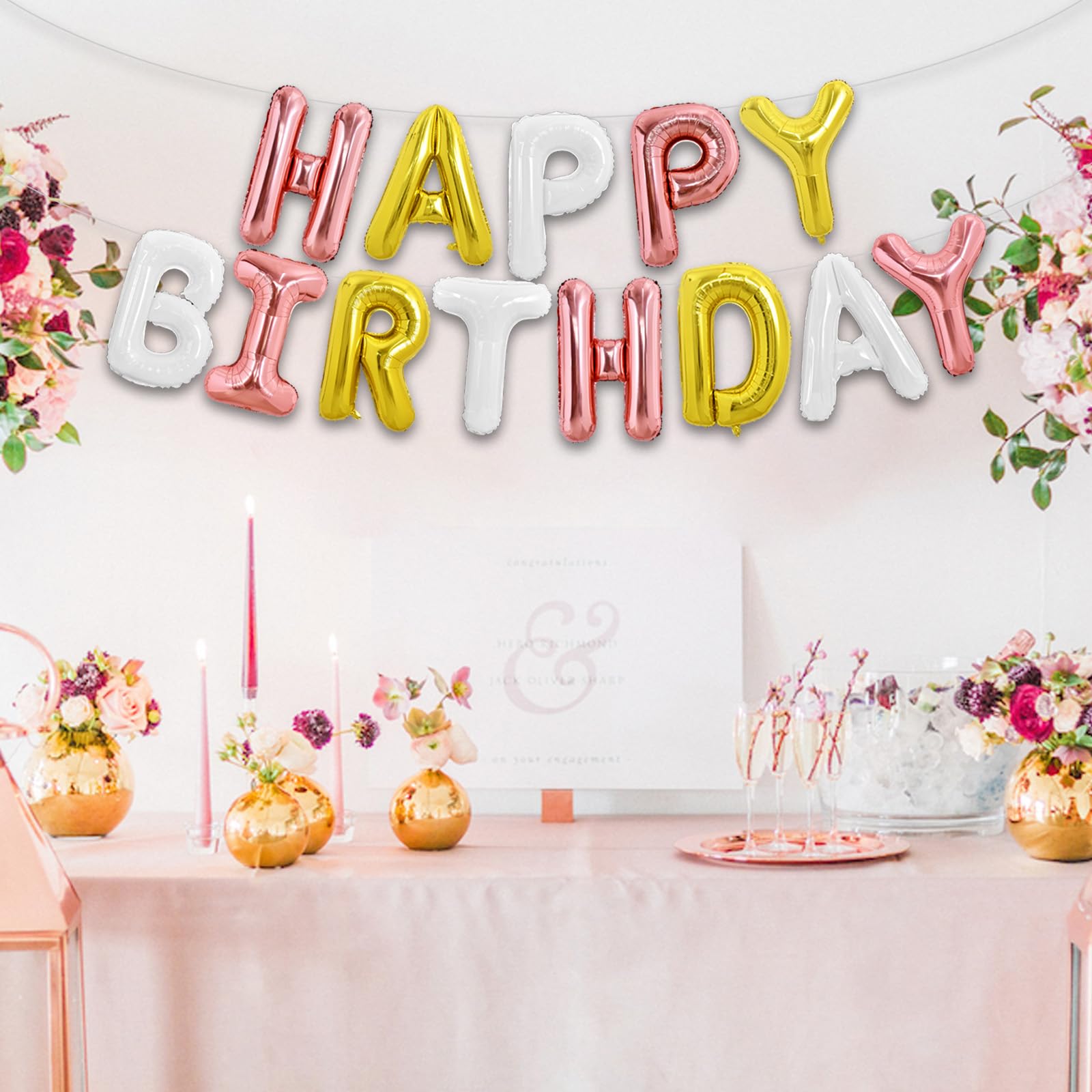 TONIFUL Happy Birthday Balloons Banner - 16-Inch Foil Letter Balloons in Rose Gold, Gold & White | Reusable Party Decorations