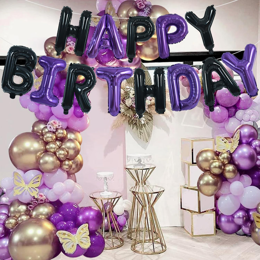 TONIFUL Happy Birthday Banner - 16 Inch Mylar Foil Letters, Reusable Party Decoration (Black Purple)