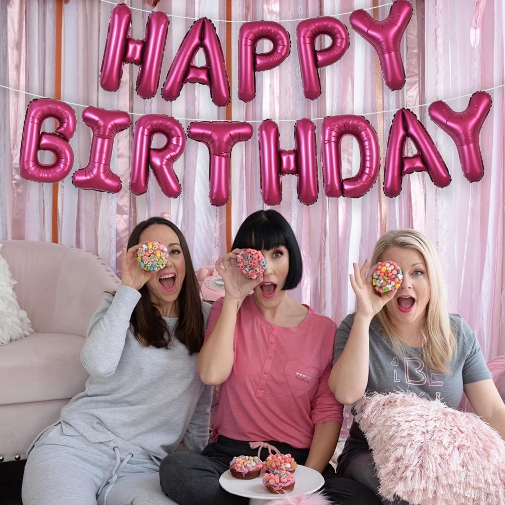 TONIFUL Happy Birthday Balloons Banner with Ribbon Straw - 16 Inch Mylar Letters, Reusable Party Decor (Wine Red)