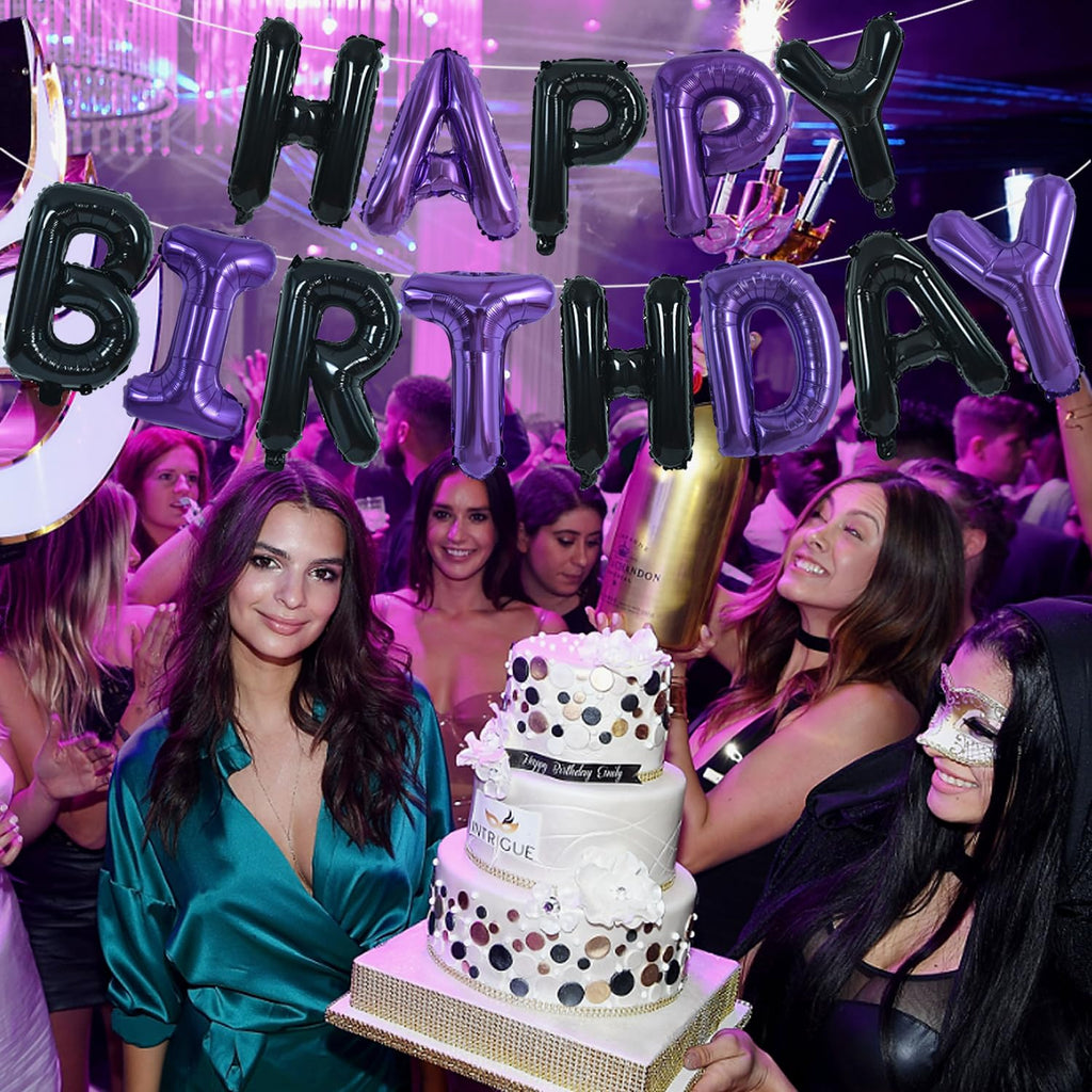 TONIFUL Happy Birthday Banner - 16 Inch Mylar Foil Letters, Reusable Party Decoration (Black Purple)