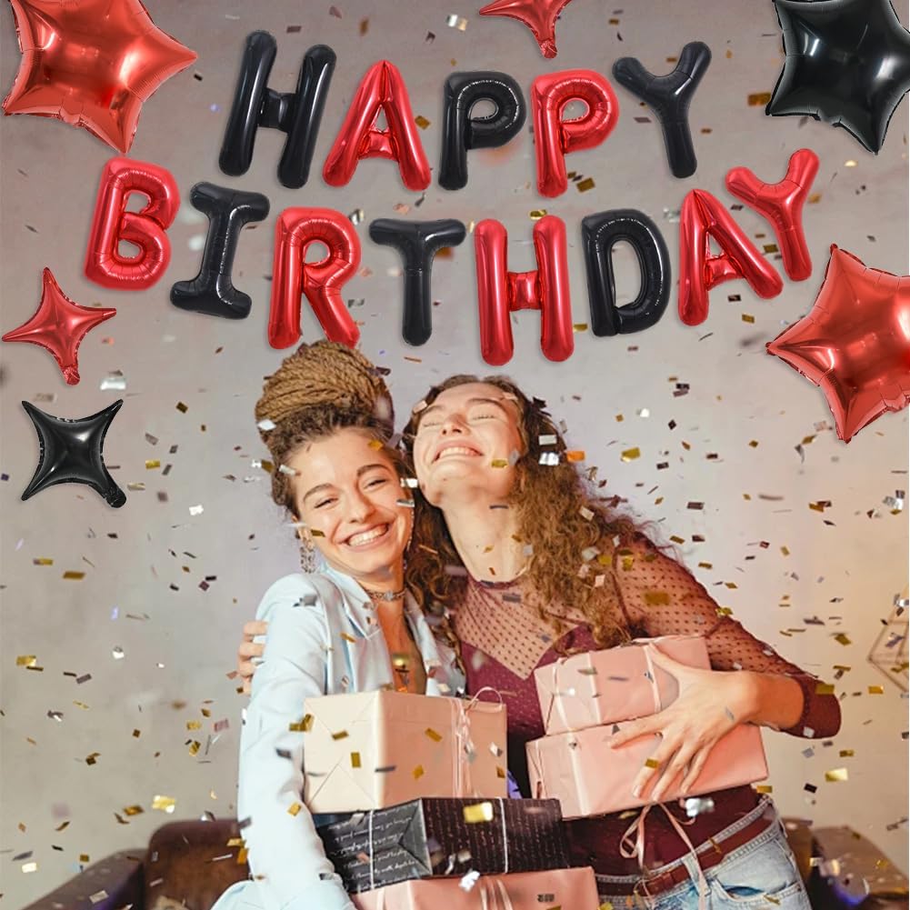 TONIFUL 35PCS 16-Inch Black & Red Happy Birthday Balloon Banner with Star Balloons
