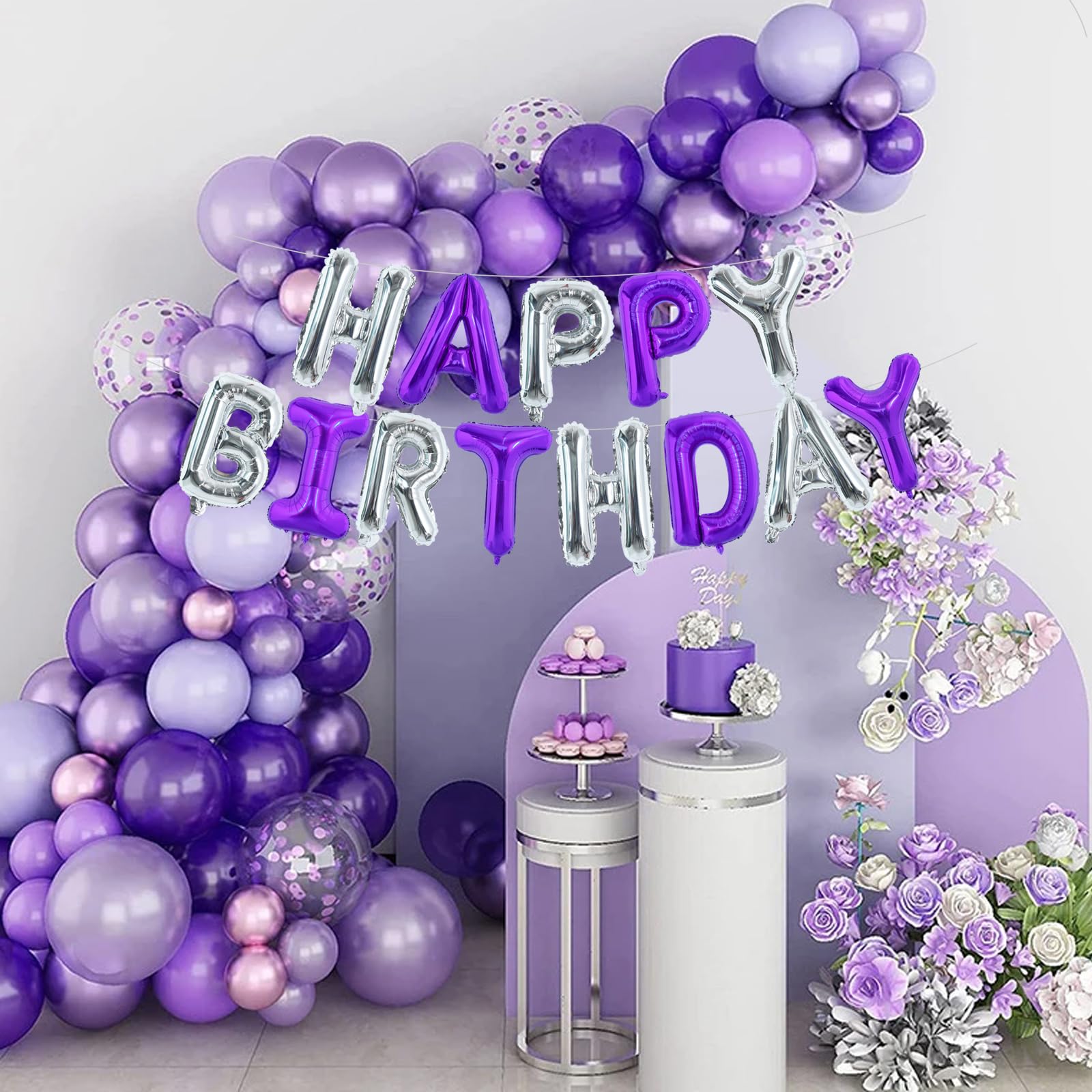 TONIFUL Happy Birthday Foil Letter Balloons – 16in Purple Silver Banner with Ribbon & Straw
