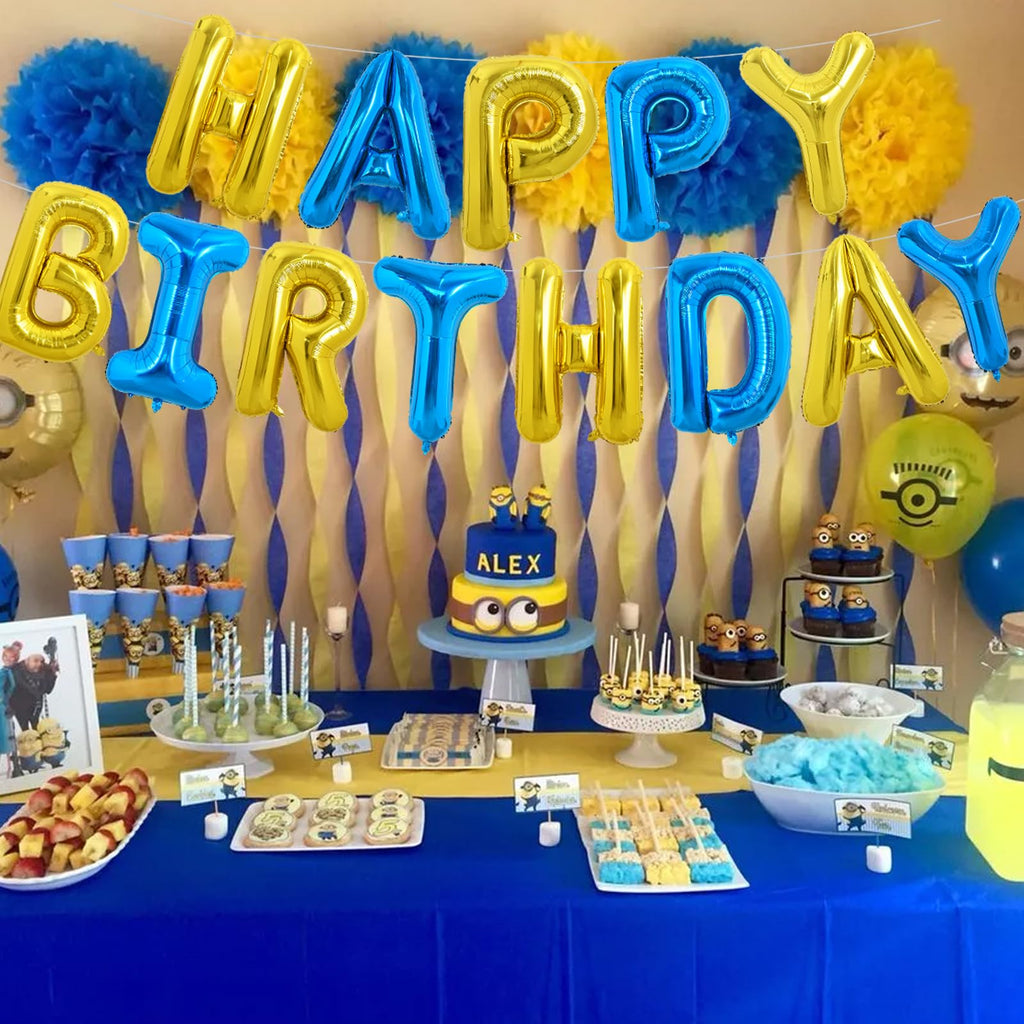 TONIFUL Happy Birthday Foil Letter Balloons 16 Inch Banner – Gold & Blue, Reusable
