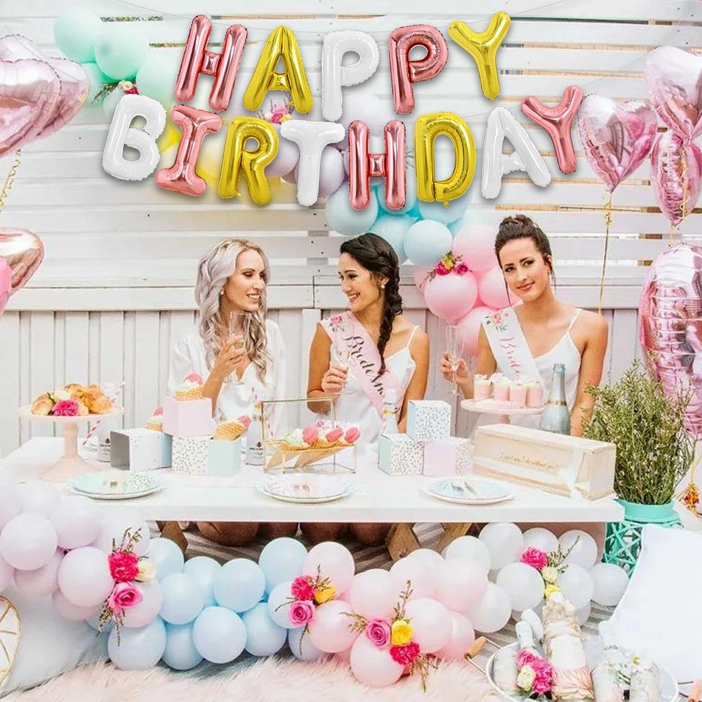 TONIFUL Happy Birthday Balloons Banner - 16-Inch Foil Letter Balloons in Rose Gold, Gold & White | Reusable Party Decorations