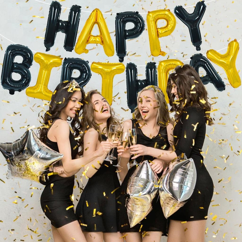 TONIFUL Happy Birthday Balloons Banner - 16 Inch Mylar Letters with Ribbon and Straw, Reusable Black Gold Birthday Decor