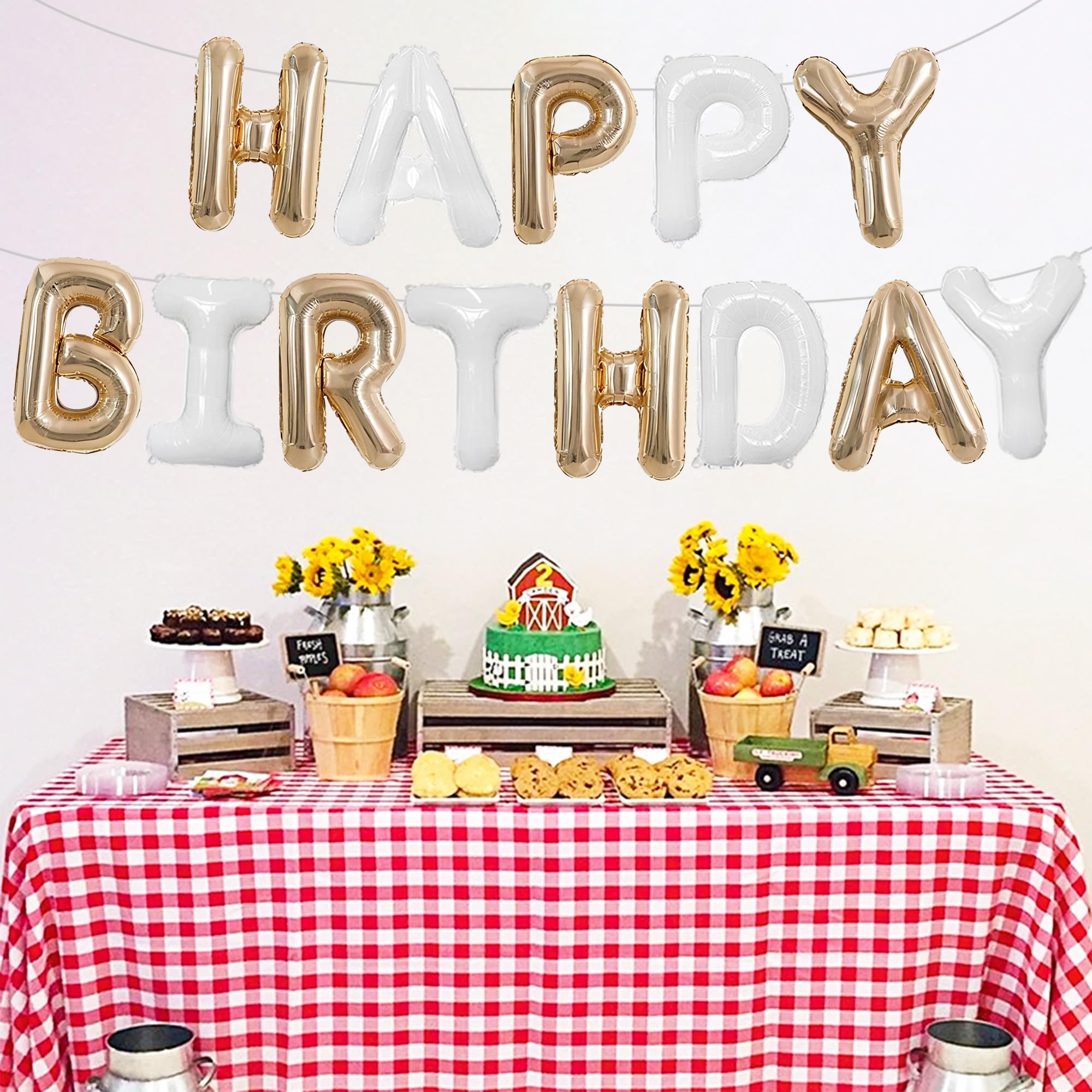 TONIFUL Happy Birthday Balloons Banner - 16-Inch Foil Letters in Champagne Gold & White | Reusable Party Decor