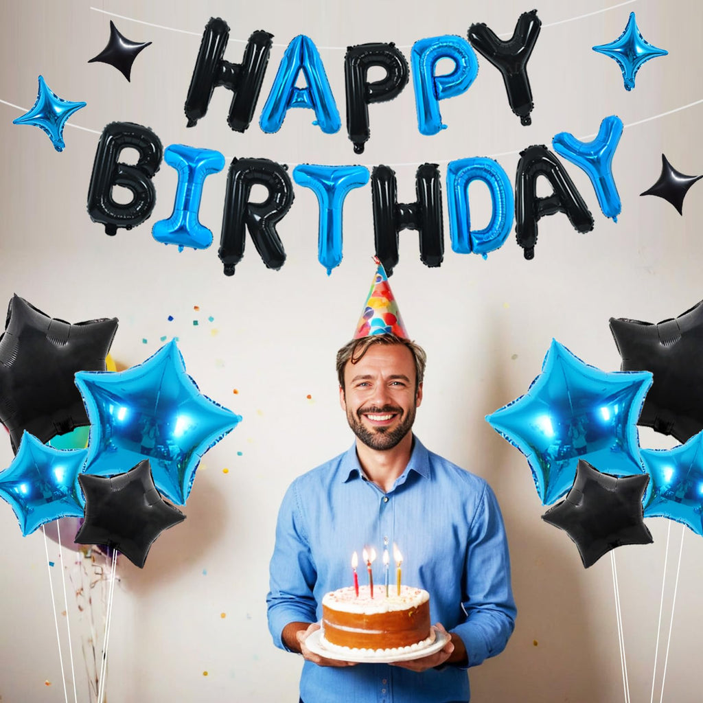 TONIFUL 35PCS Black Blue Happy Birthday Decorations Kit – 16in Foil Letter Banners & Star Balloons
