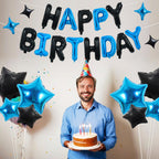 TONIFUL 35PCS Black Blue Happy Birthday Decorations Kit – 16in Foil Letter Banners & Star Balloons