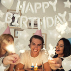 TONIFUL 31PCS Cream White Happy Birthday Decorations – 16in Letter Banner, Star & Heart Foil Balloons