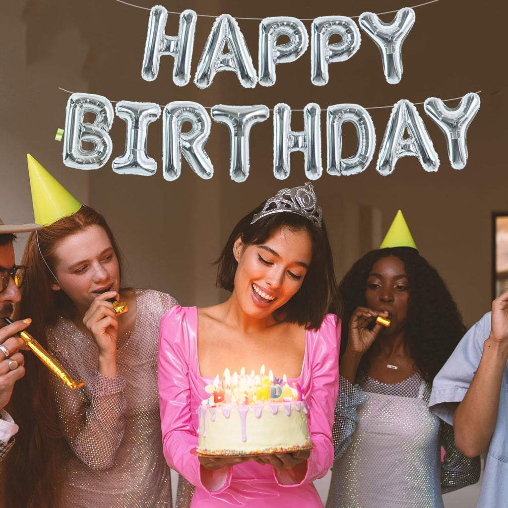 TONIFUL Laser Silver Happy Birthday Banner - 16in Mylar Foil Letters, Reusable Birthday Decor