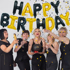 TONIFUL Happy Birthday Balloons Banner - 16 Inch Mylar Letters with Ribbon and Straw, Reusable Black Gold Birthday Decor