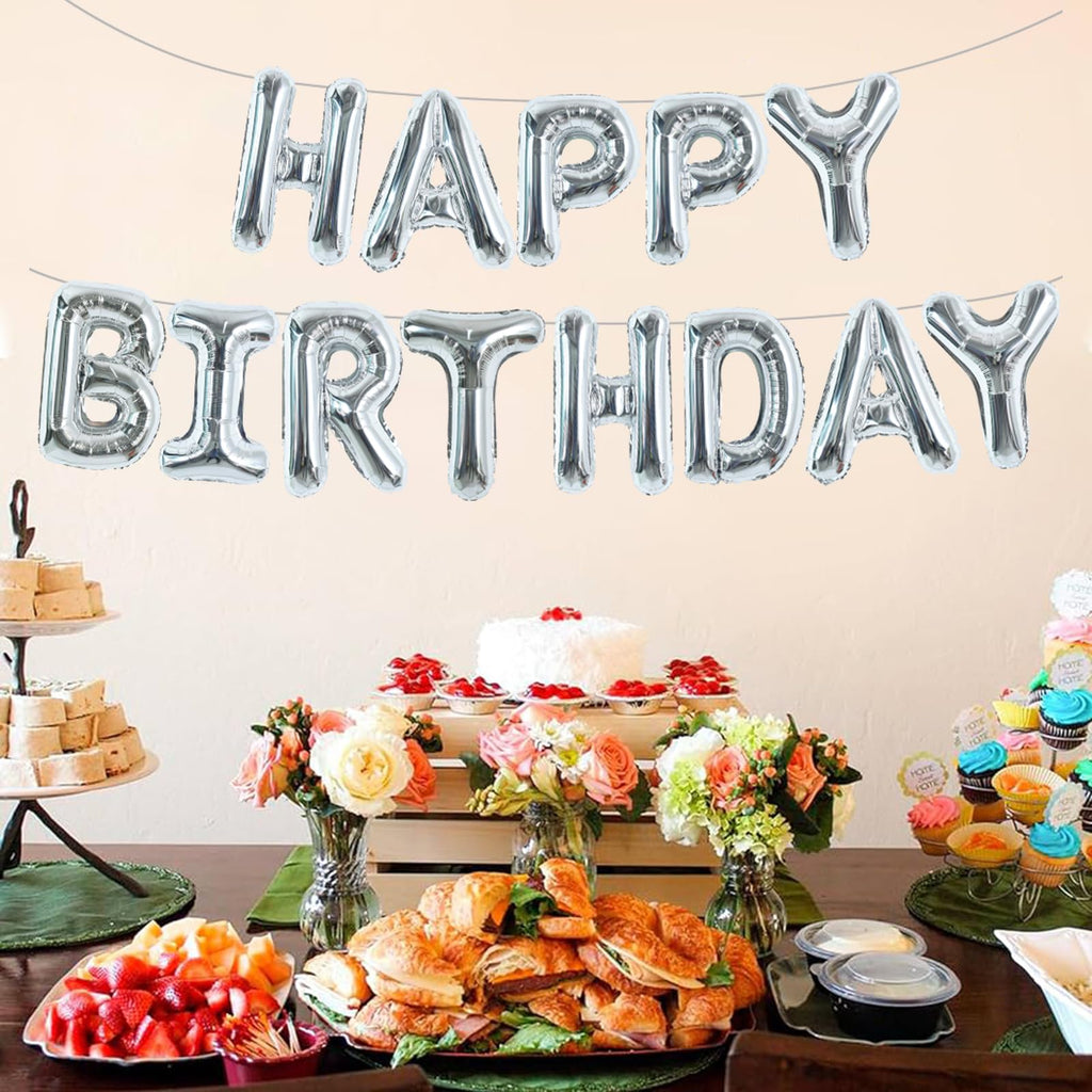 TONIFUL Laser Silver Happy Birthday Banner - 16in Mylar Foil Letters, Reusable Birthday Decor