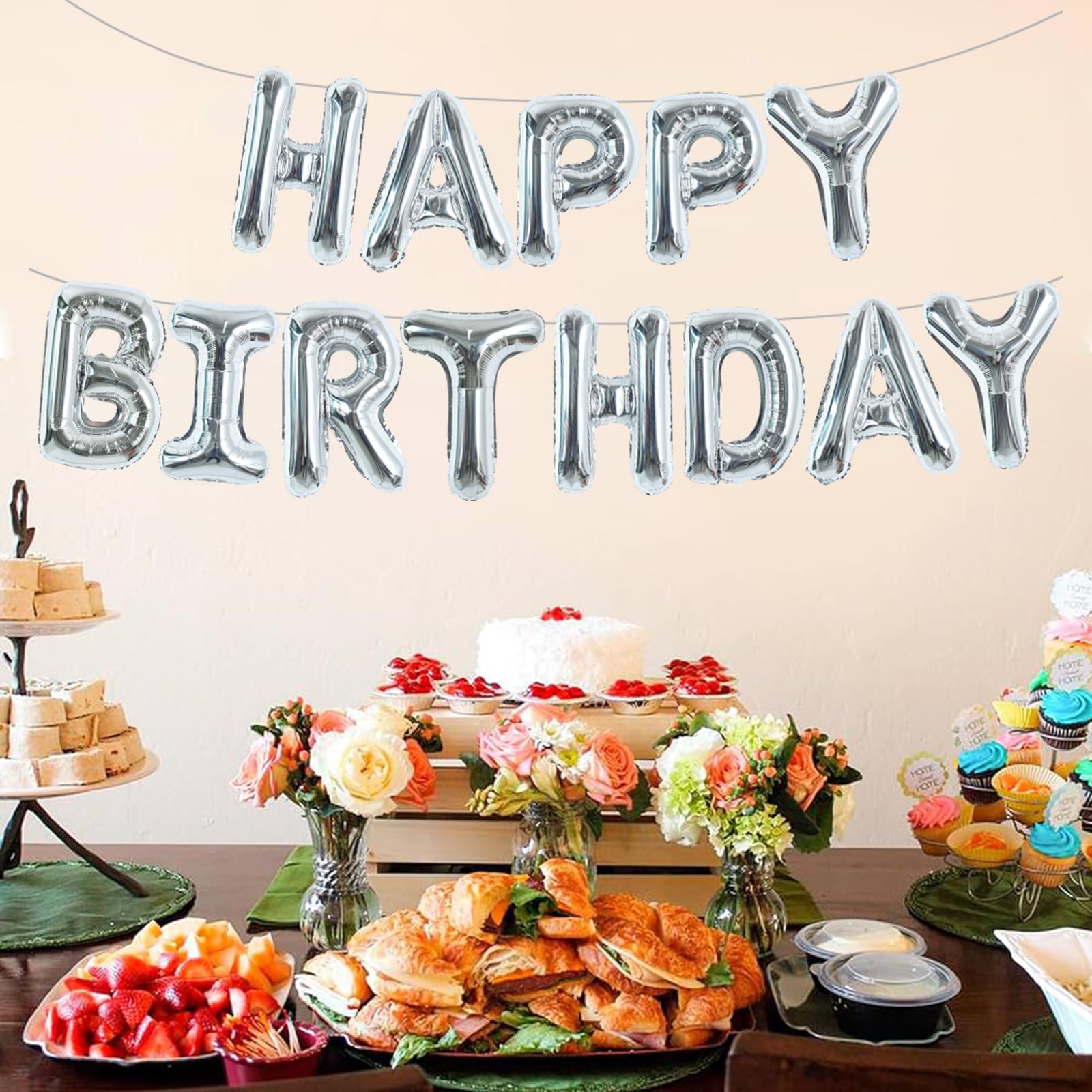 TONIFUL Laser Silver Happy Birthday Banner - 16in Mylar Foil Letters, Reusable Birthday Decor