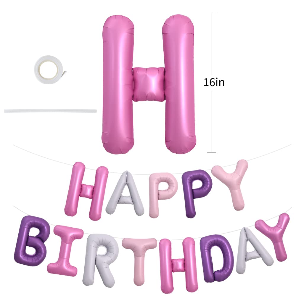 TONIFUL Happy Birthday Balloons Banner — 16-Inch Foil Letter Balloons with Straw & Ribbon (Pink Purple)