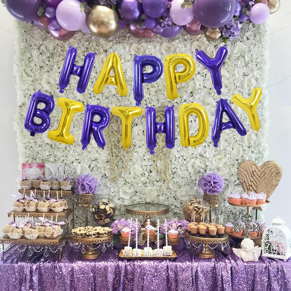 TONIFUL Happy Birthday Balloons with Ribbon Straw – 16-Inch Purple Gold Mylar Letter Banner