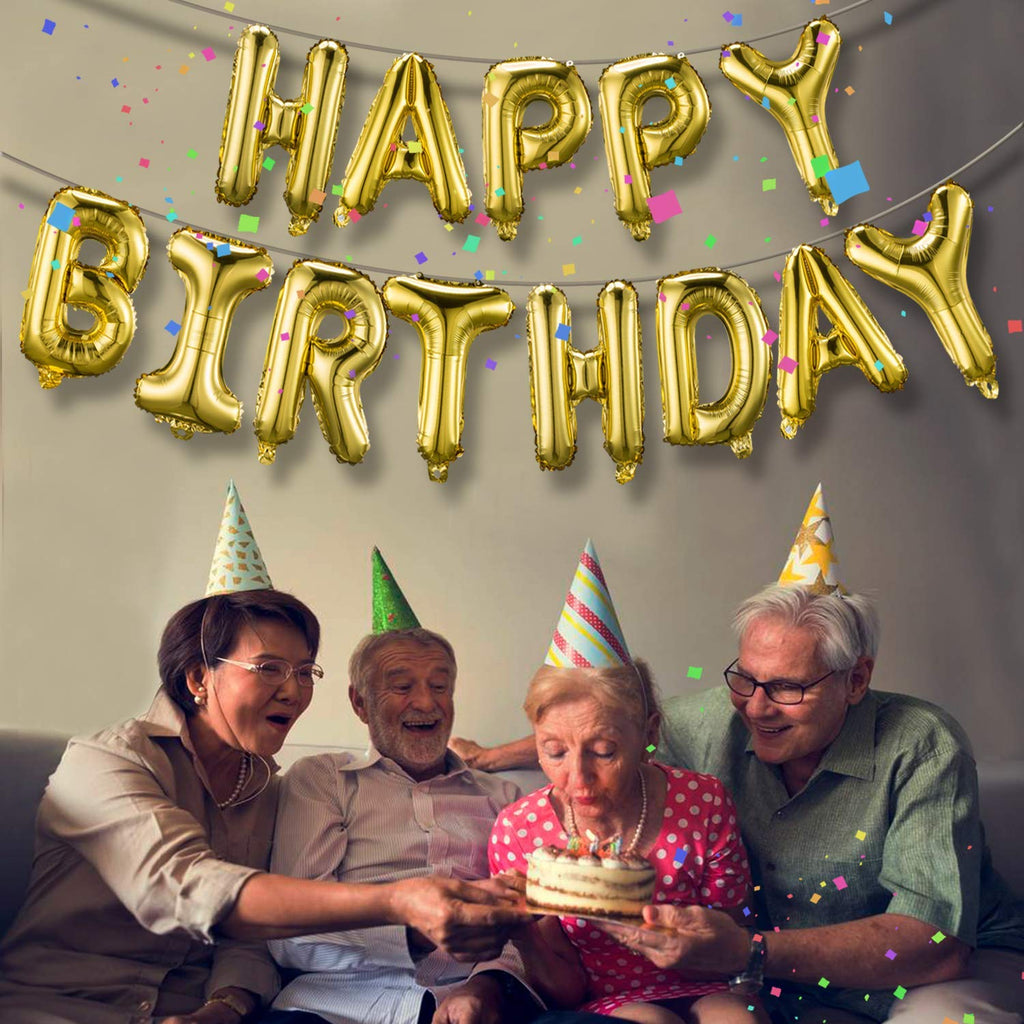 TONIFUL 3D Gold Happy Birthday Balloons Banner — 16" Foil Letter Banner with Ribbon & Straw