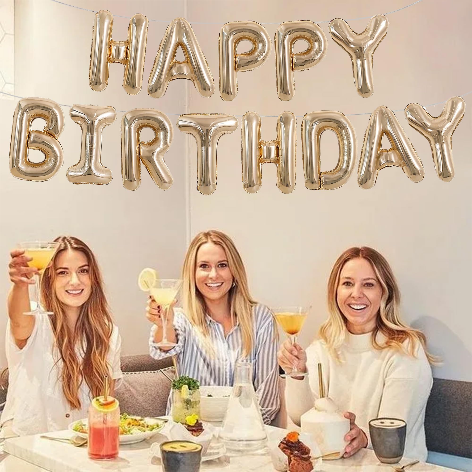 TONIFUL Happy Birthday Balloons Banner 16 Inch Champagne Gold Foil Letters – Reusable Party Decor