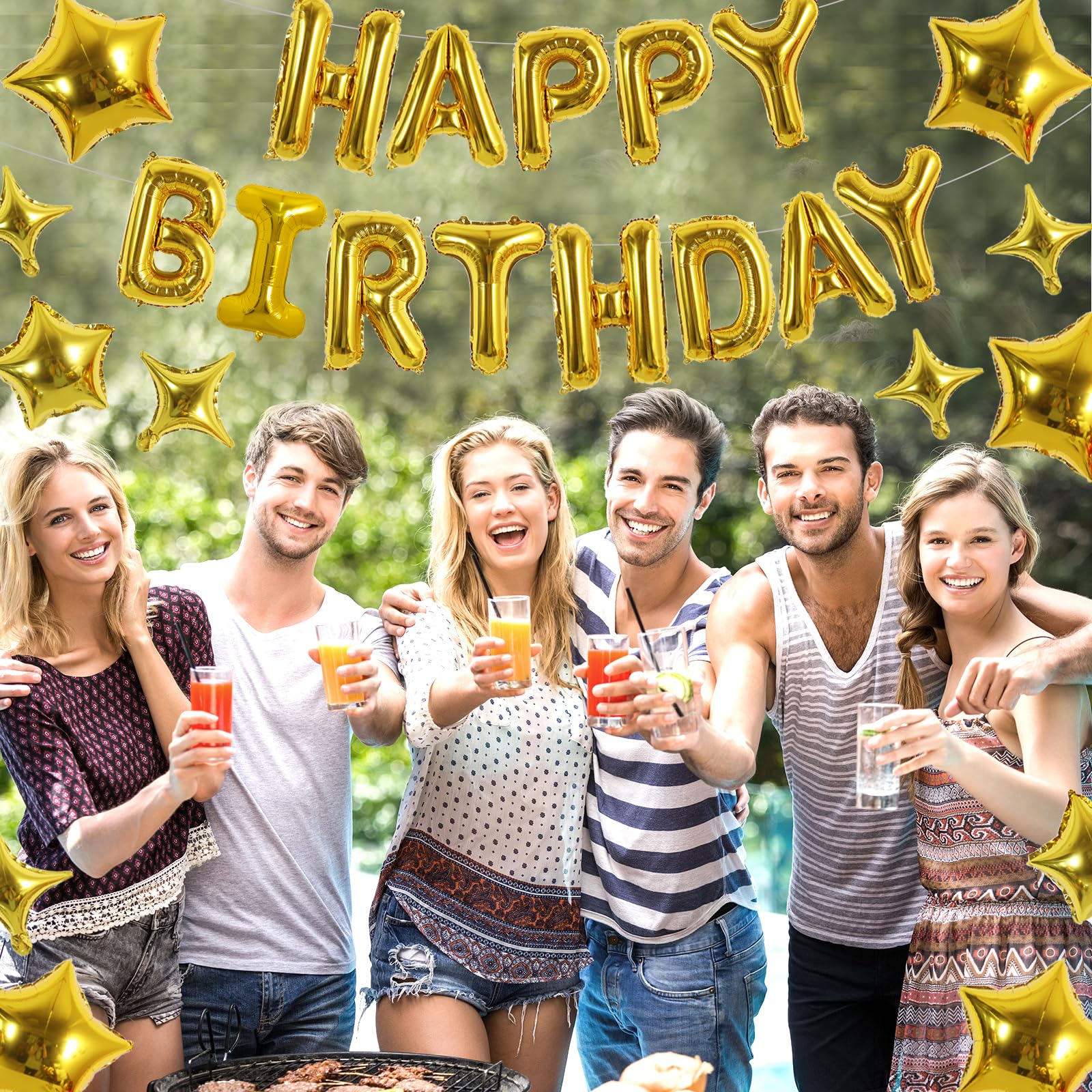 TONIFUL Gold 35PCS Happy Birthday Decorations Kit — 16-Inch Letter Banner + Star Balloons