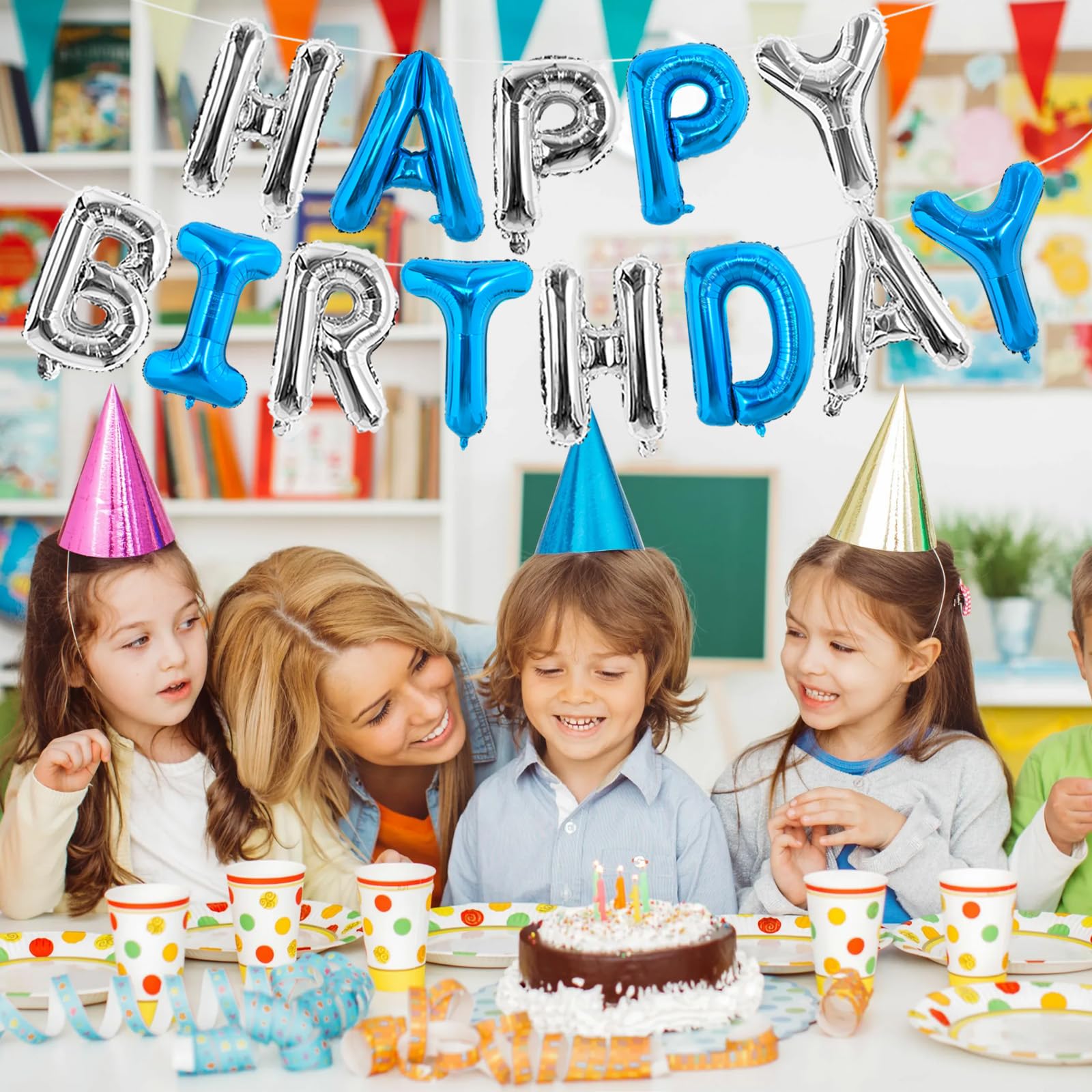 TONIFUL Happy Birthday Balloons Banner - 16 Inch Navy Blue & Silver Mylar Foil Letters | Reusable Party Decor
