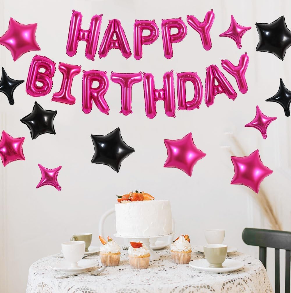 TONIFUL 35PCS 16-Inch Hot Pink Happy Birthday Balloon Banner with Stars
