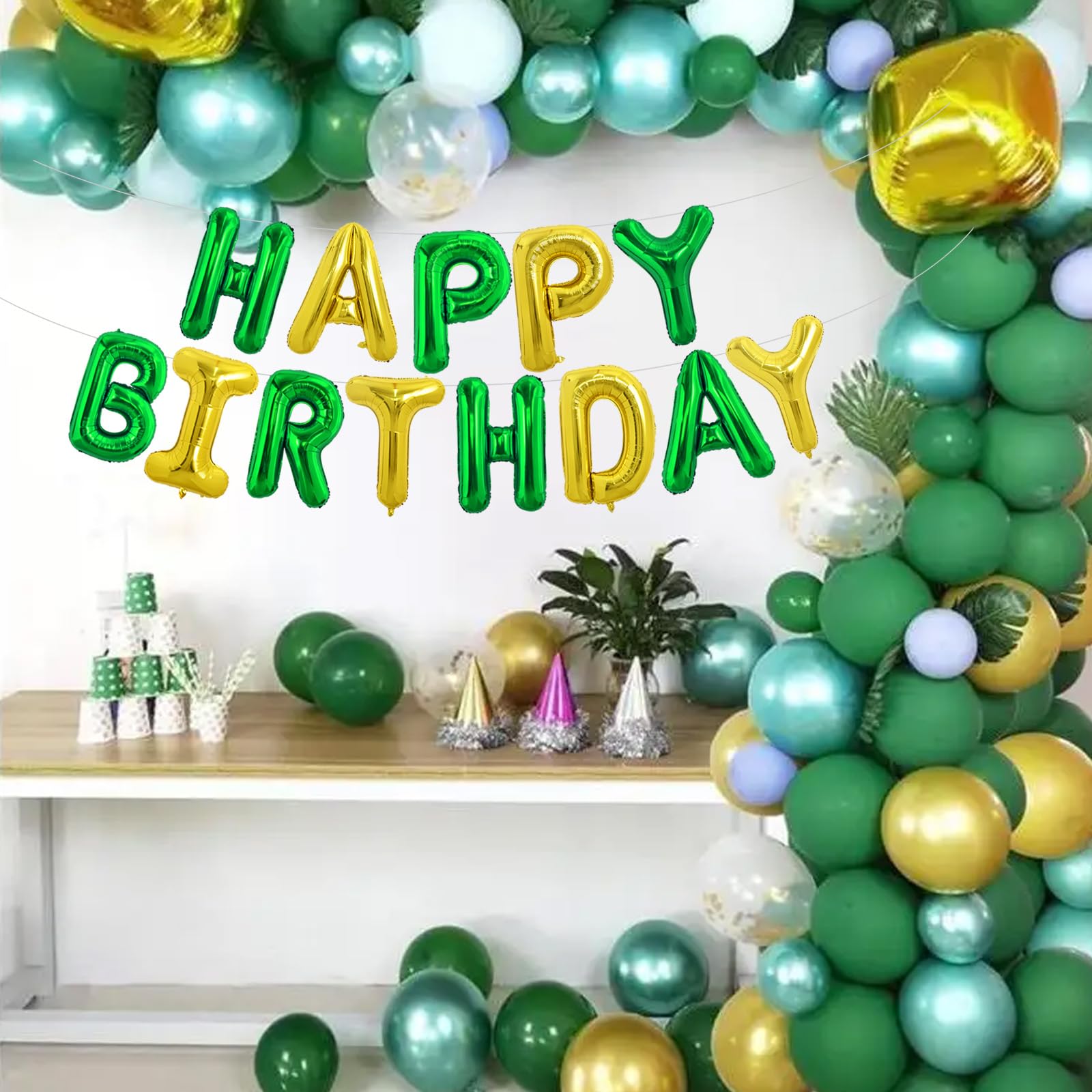 TONIFUL Happy Birthday Foil Letter Banner 16in Green Gold – Reusable Party Decor