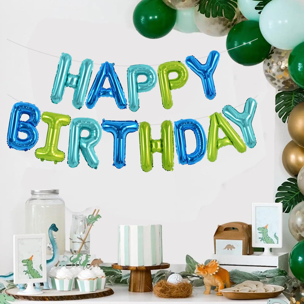 TONIFUL Blue Green 16-Inch Happy Birthday Banner – Mylar Foil Letter Balloons, Reusable Party Decor