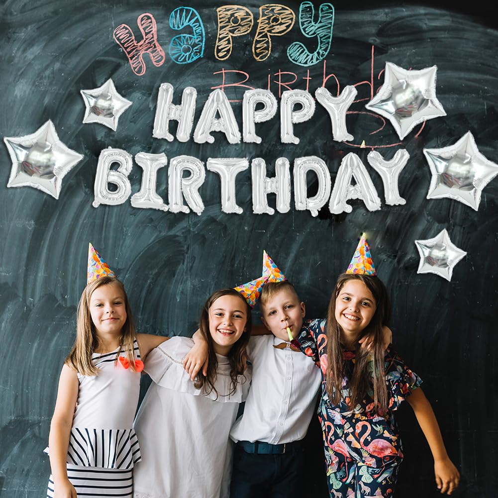 TONIFUL 35PCS Silver Happy Birthday Decorations — 16-Inch Banner + Star Balloons