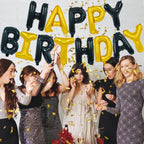 TONIFUL Happy Birthday Balloons Banner - 16 Inch Mylar Letters with Ribbon and Straw, Reusable Black Gold Birthday Decor