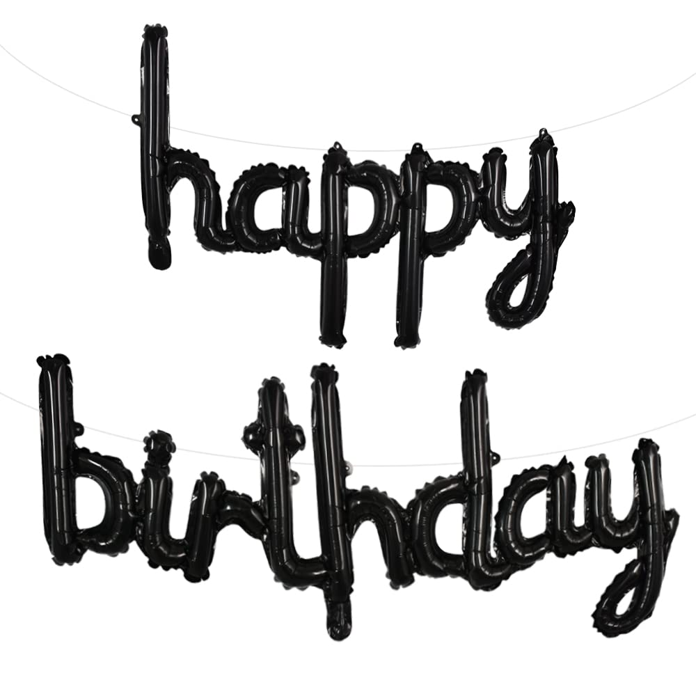 TONIFUL Black Happy Birthday Balloons Banner – 16in Foil Script Sign, Reusable Party Decor