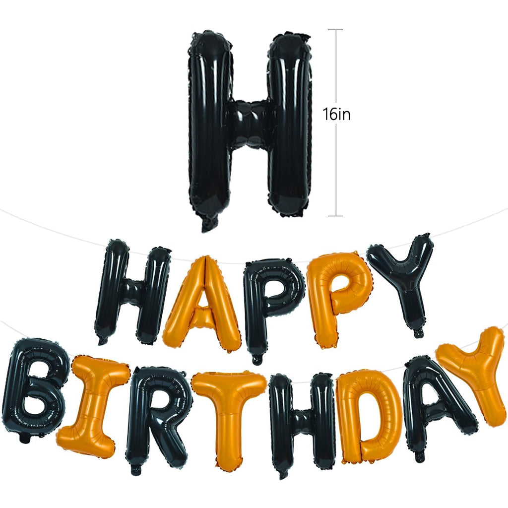 TONIFUL 16-Inch Black & Orange Happy Birthday Foil Letter Balloons Banner – Auto-Seal Mylar Letters for Parties