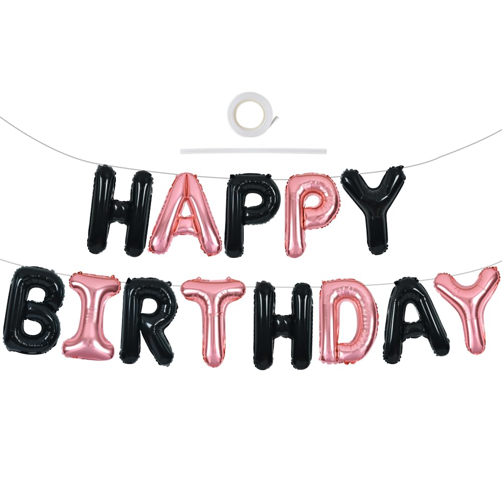 TONIFUL Black Rose Gold Happy Birthday Banner – 16-Inch Mylar Foil Letters | Reusable Party Decoration