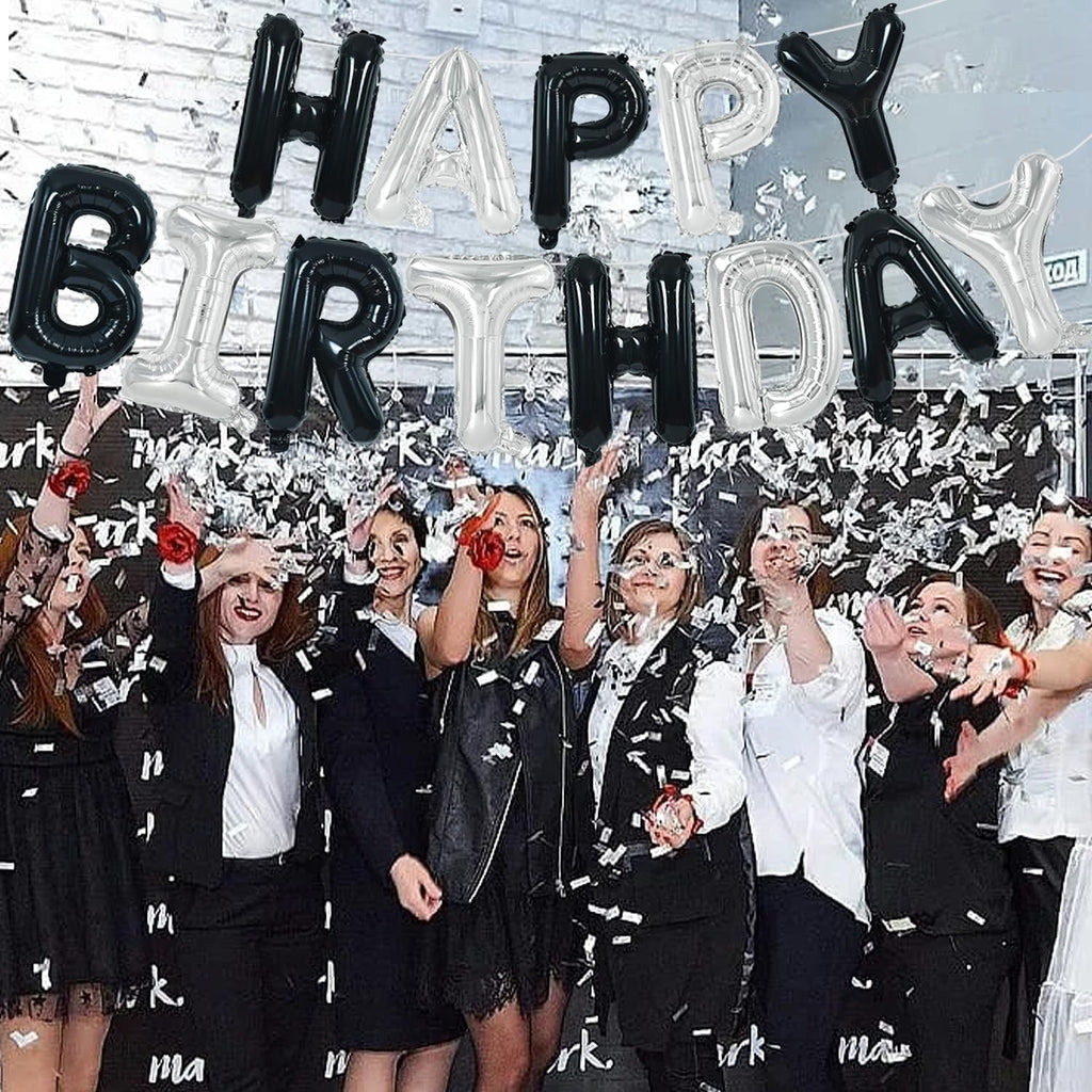 TONIFUL Happy Birthday Balloons Banner with Ribbon Straw – 16-Inch Mylar Letters, Reusable Black & Silver