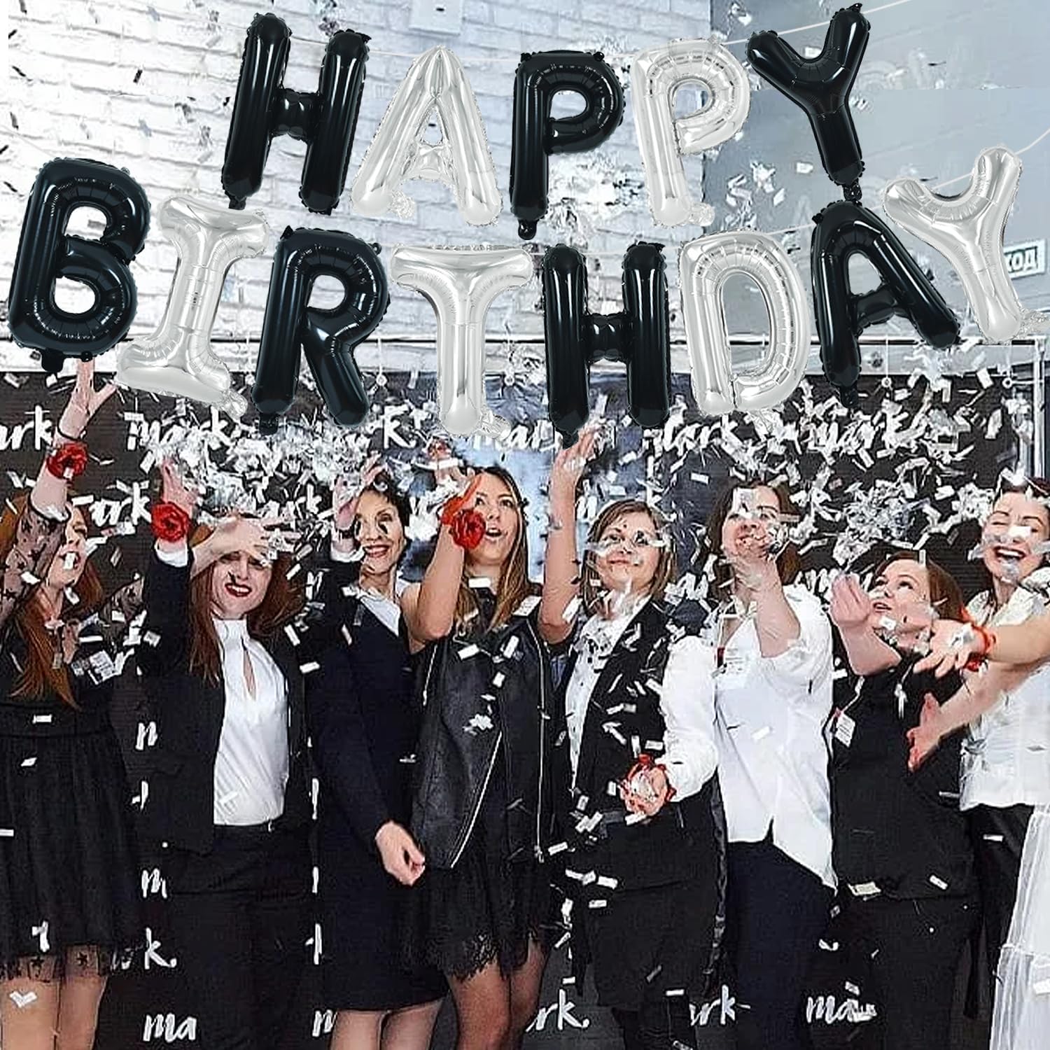 TONIFUL Happy Birthday Balloons Banner with Ribbon Straw – 16-Inch Mylar Letters, Reusable Black & Silver
