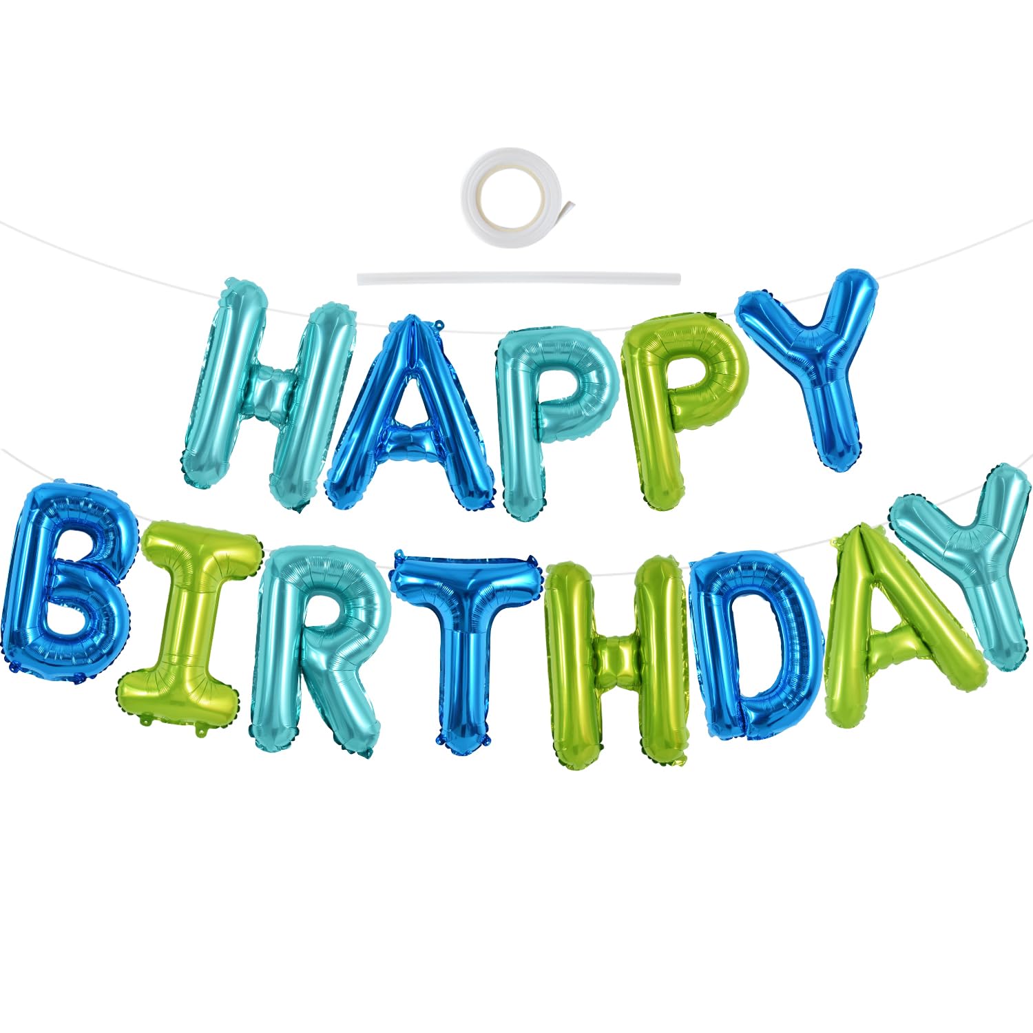 TONIFUL Blue Green 16-Inch Happy Birthday Banner – Mylar Foil Letter Balloons, Reusable Party Decor