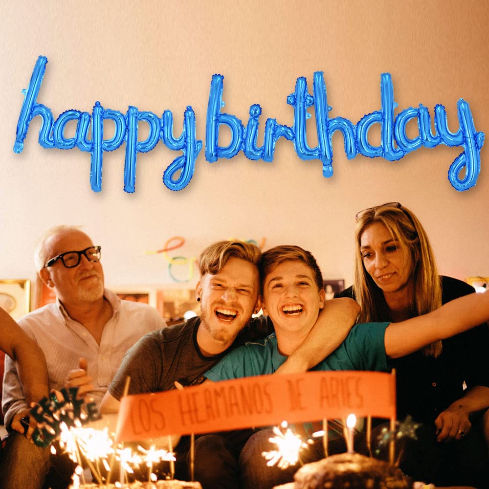 TONIFUL Blue Happy Birthday Banner - 16-Inch Mylar Foil Script Letters, Reusable Party Decor