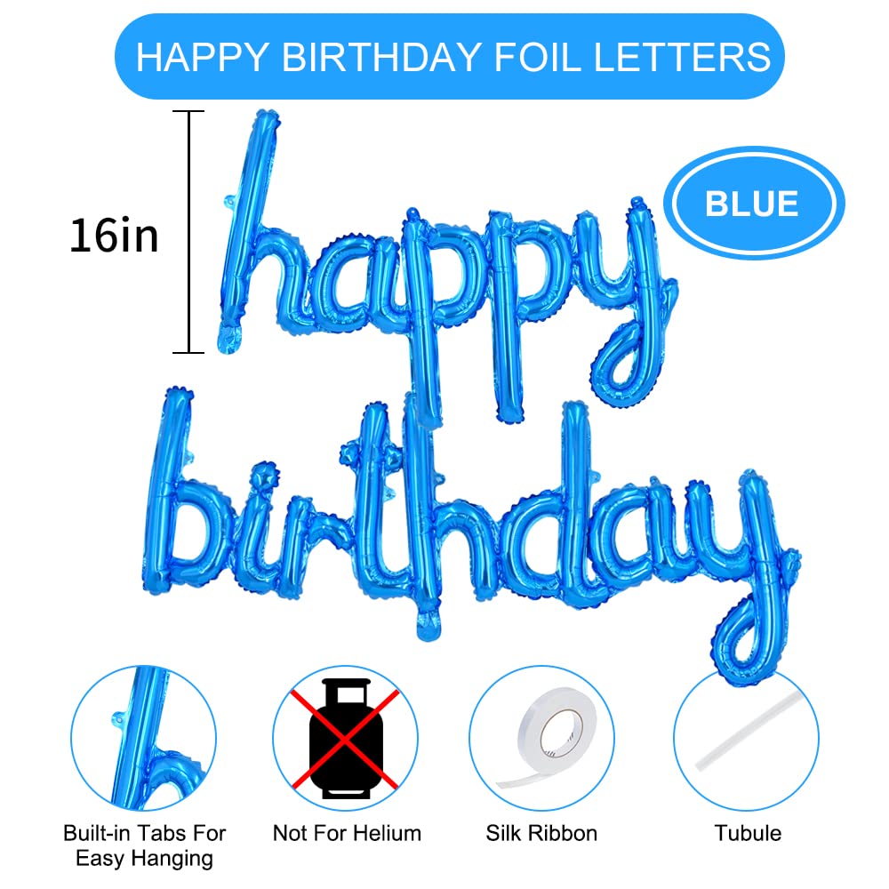 TONIFUL Blue Happy Birthday Banner - 16-Inch Mylar Foil Script Letters, Reusable Party Decor