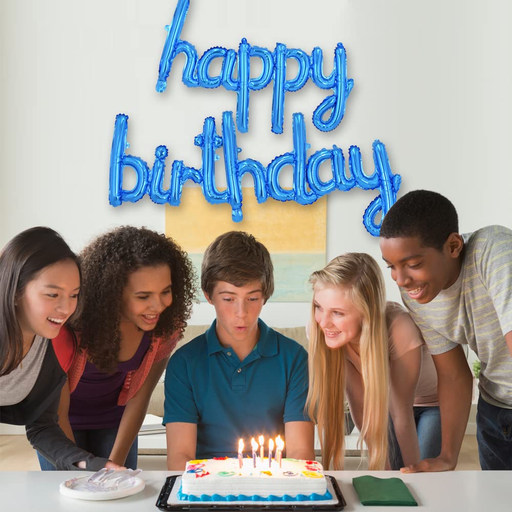 TONIFUL Blue Happy Birthday Banner - 16-Inch Mylar Foil Script Letters, Reusable Party Decor