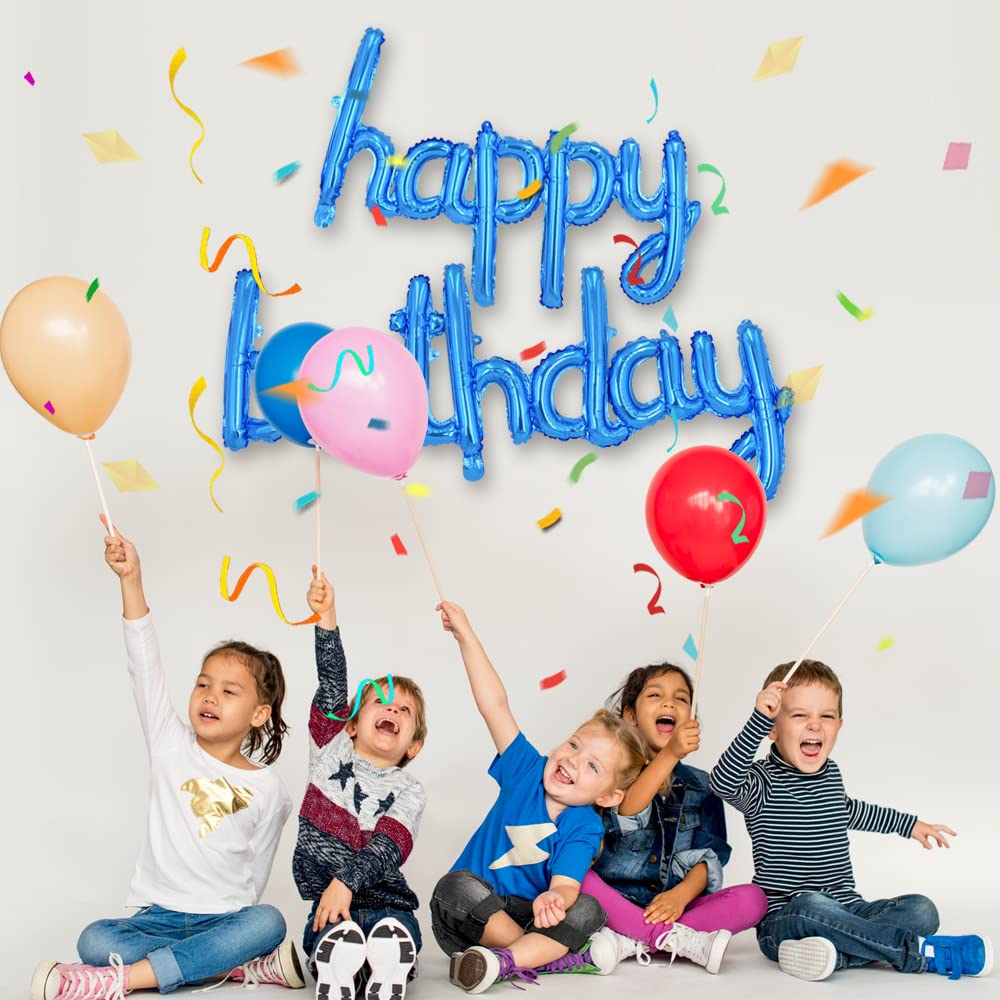 TONIFUL Blue Happy Birthday Banner - 16-Inch Mylar Foil Script Letters, Reusable Party Decor