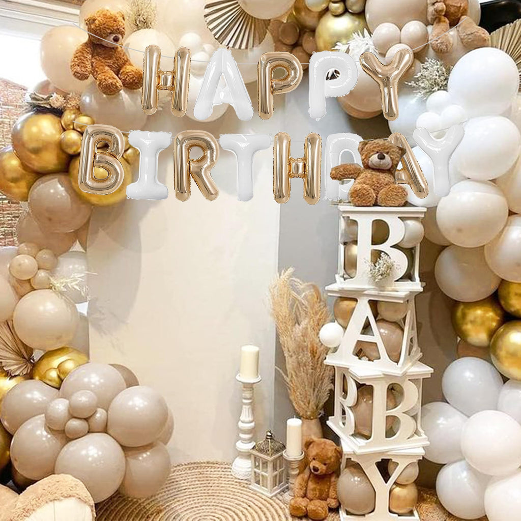 TONIFUL Happy Birthday Balloons Banner - 16-Inch Foil Letters in Champagne Gold & White | Reusable Party Decor