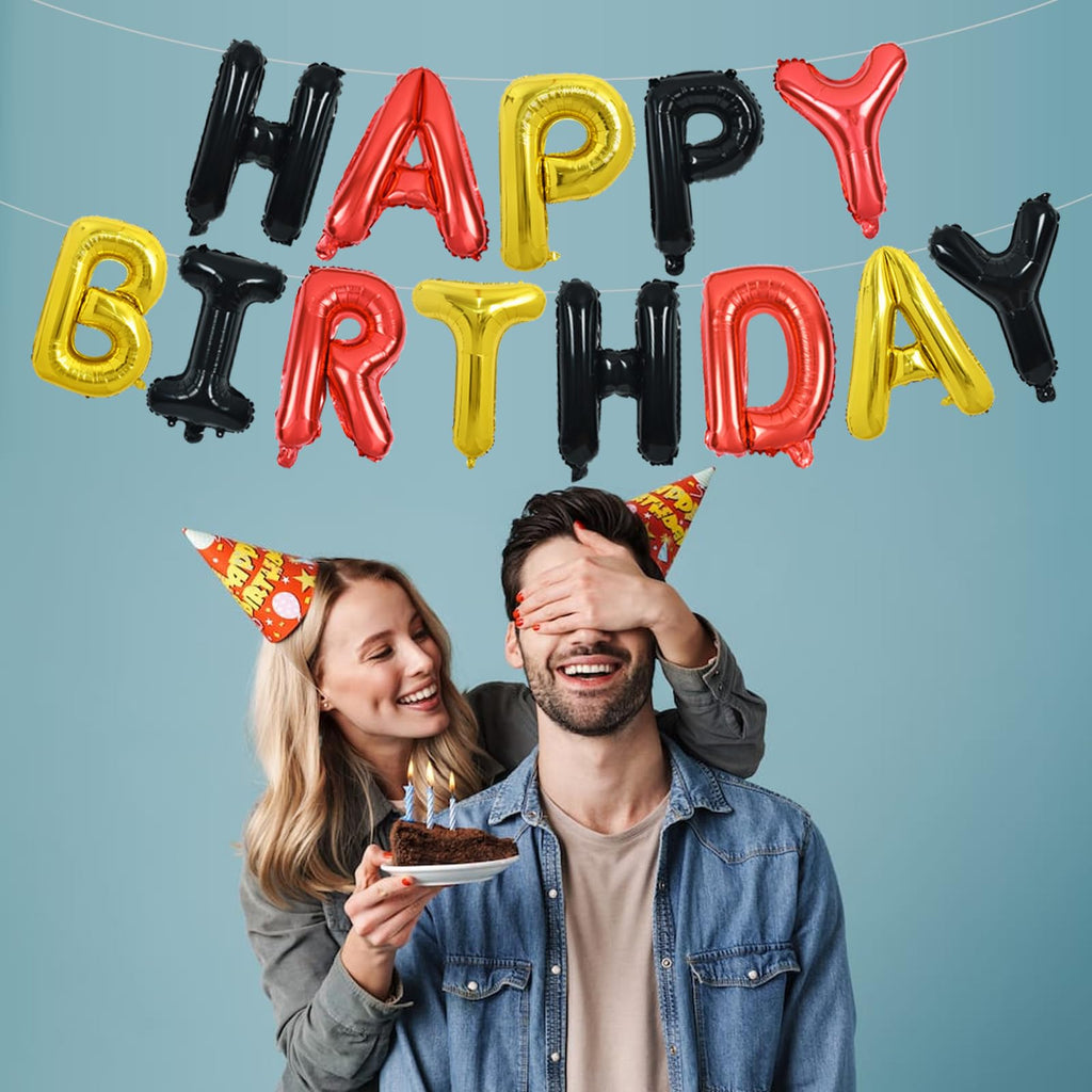 TONIFUL Happy Birthday Balloons Banner - 16inch Foil Letters, Reusable Party Decor (Black Red Gold)