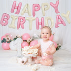 TONIFUL Happy Birthday Foil Letter Balloons 16-Inch with Ribbon & Straw – Reusable Birthday Banner (Cream White Pink)