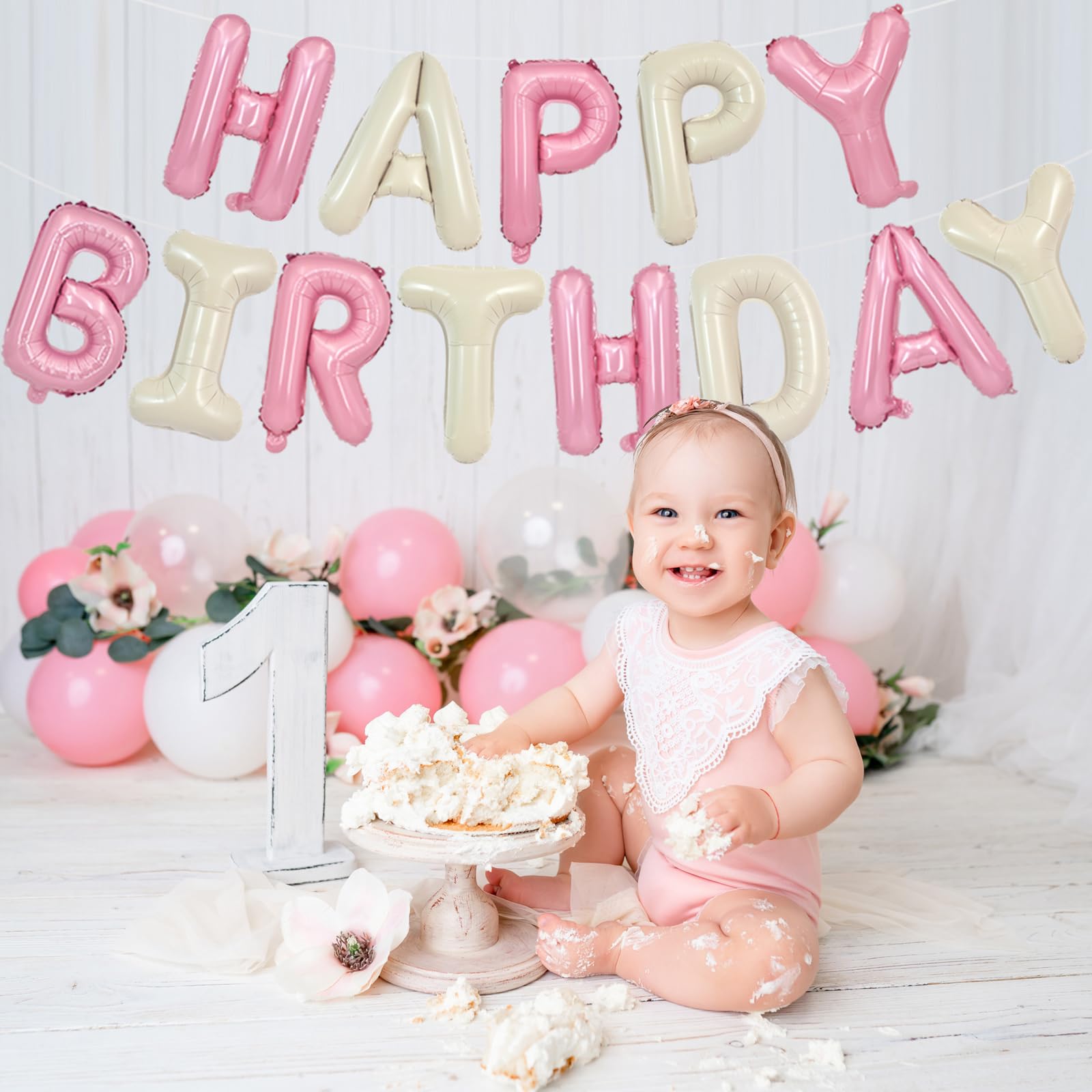 TONIFUL Happy Birthday Foil Letter Balloons 16-Inch with Ribbon & Straw – Reusable Birthday Banner (Cream White Pink)