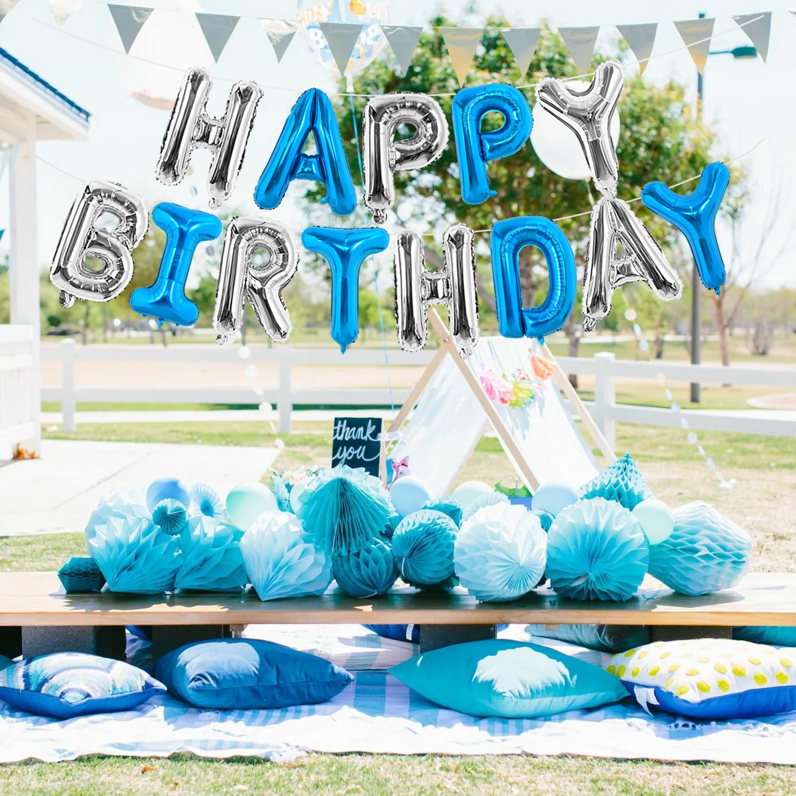 TONIFUL Happy Birthday Balloons Banner - 16 Inch Navy Blue & Silver Mylar Foil Letters | Reusable Party Decor