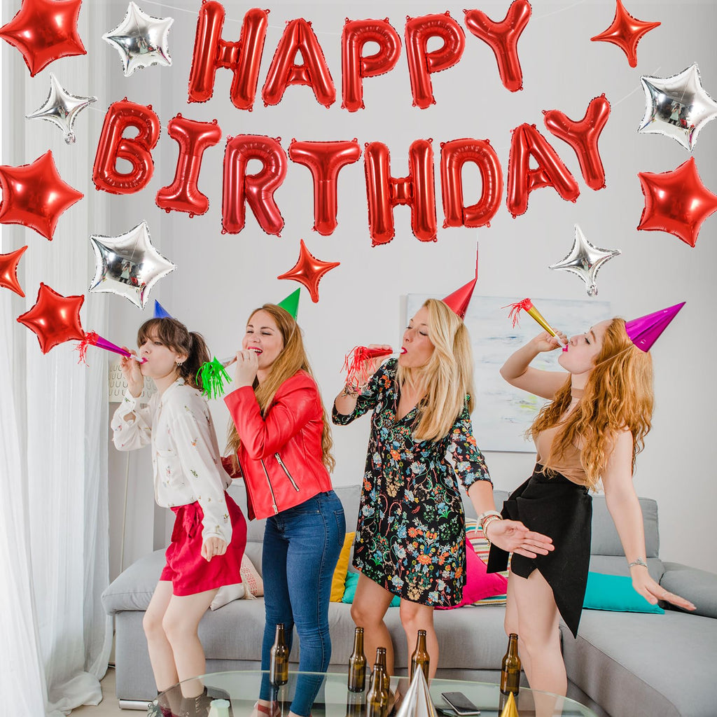 TONIFUL 35PCS Red Happy Birthday Decorations Kit — 16-Inch Balloon Banner + Star Balloons